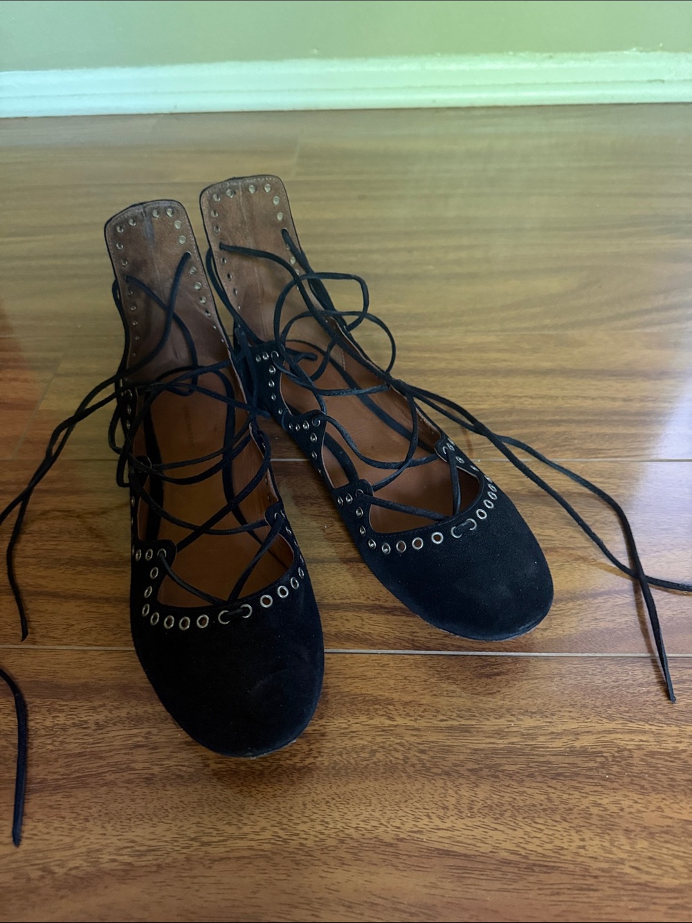 Isabel Marant Black Suede Grommet Lace-Up Flats